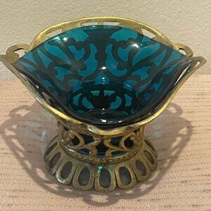 Vintage Ornate Footed Brass Basket with Blue Glass Bowl Victorian Hollywood Rgy